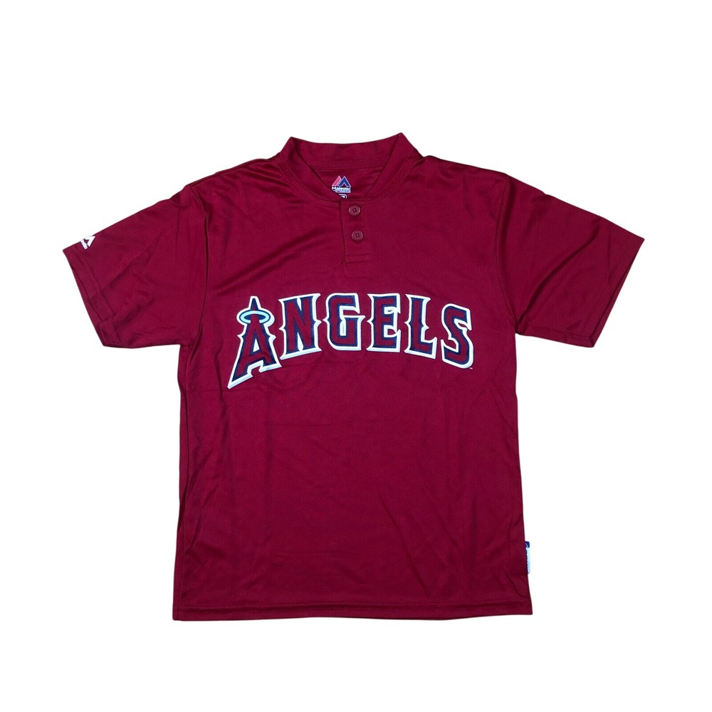 Majestic Shirt Kids Medium Cool Base Los Angeles Angels Red Henley Jersey MLB